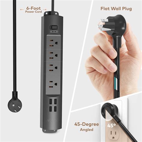 Power Strip Surge Protector USB TROND Flat Plug 6ft Long Extension