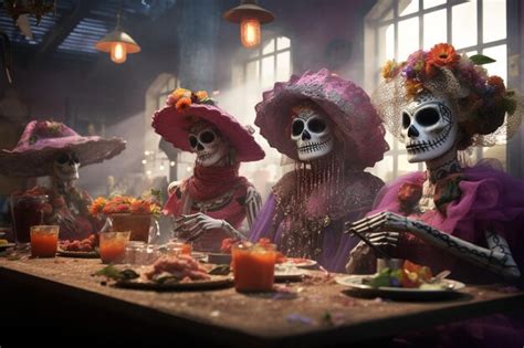Premium Ai Image Catrina Figures Engaging In A Traditional Day Of T