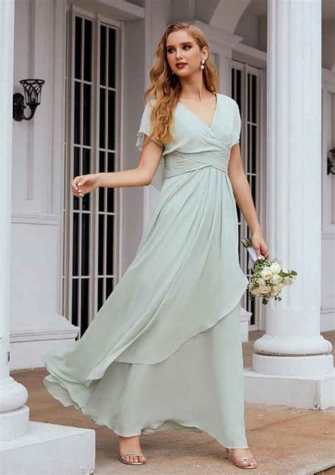 A Line V Neck Short Sleeve Chiffon Longfloor Length Bridesmaid Dress With Pleated Ruffles