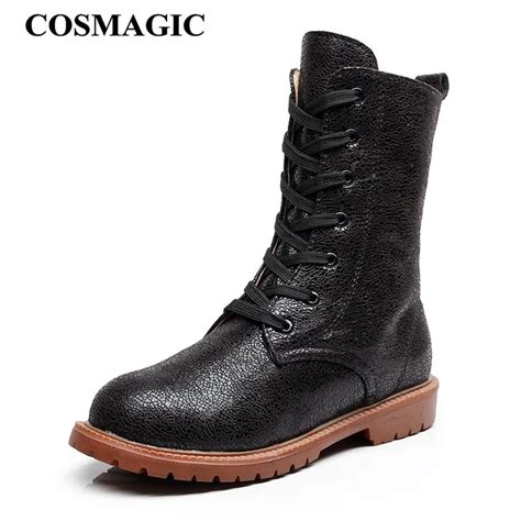 Cosmagic New Women Mid Calf Martin Boots Autumn Winter Lace Up