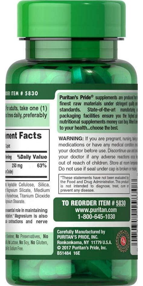 Puritans Pride Magnesium 250 Mg Caplets 100 Count