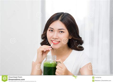 Healthy Meal Happy Beautiful Smiling Woman Drinking Green Detox Stock