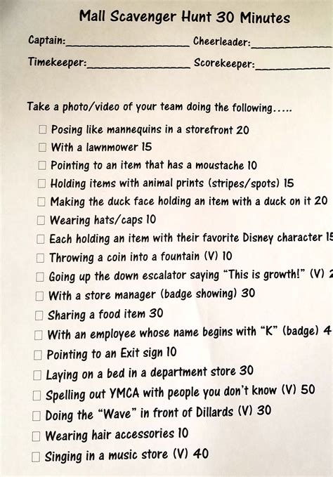 Mall Scavenger Hunt Ideas