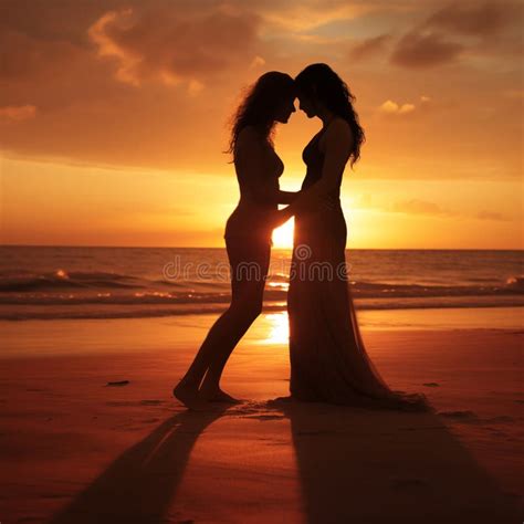 Lesbian Couple Stay On Beach At Sunset Stock Photo Image Of Beach