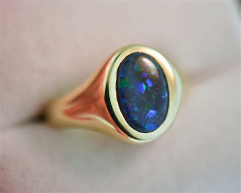 Vintage British Gents Ring With Peacock Hued Black Opal