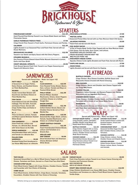 Menu at Brickhouse Restaurant & Bar, Toledo