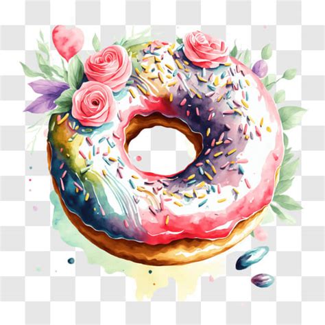 Descarga Delicioso Donut con Rosas Decorativas y Chispitas PNG En Línea