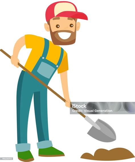 A Happy White Farmer With A Shovel On A Farm Field Stock Illustration