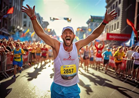 Premium Photo | A wideangle shot of a marathon runner crossing the ... 