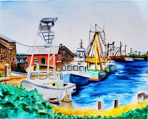 New England Harbor Original Watercolor Painting Art Print Etsy