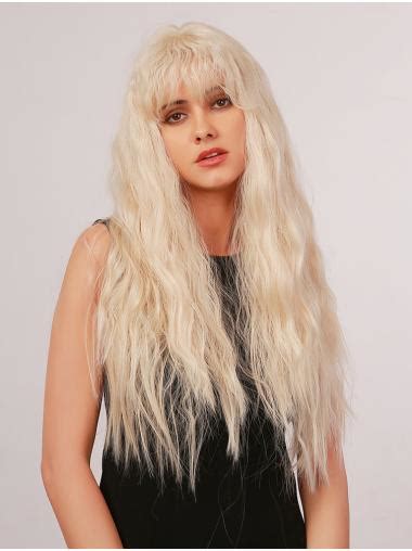 Platinum Blonde Wig Natural Long Loose Wave Synthetic Wig With Bangs Heat Resistant Hair Wig For