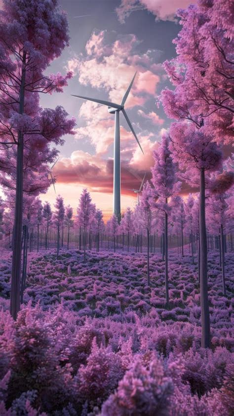 Wind Turbines In A Pink Forest At Sunset Sustainable Energy Concept Stock Image Image Of