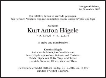 Traueranzeigen von Kurt Anton Hägele stuttgart gedenkt de