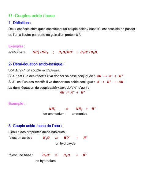 SOLUTION Cours Les Reactions Acido Basiques 1bac Biof Sciences