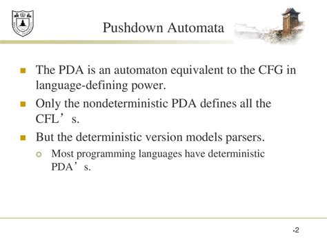 Definition Moves Of The PDA Languages Of The PDA Deterministic PDAs