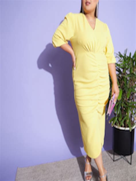 Buy Sassafras Curve Yellow Plus Size V Neck Puff Sleeve Front Ruched Sheath Midi Dress Dresses