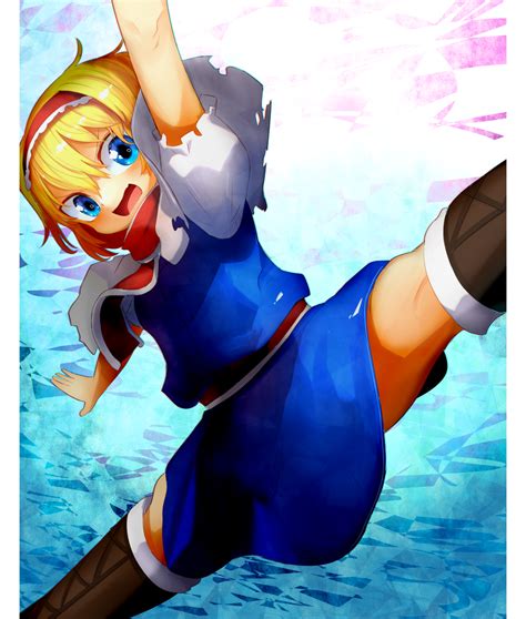 Safebooru 1girl Alice Margatroid Arm Up Bangs Blonde Hair Blue Dress Blue Eyes Boots Brown