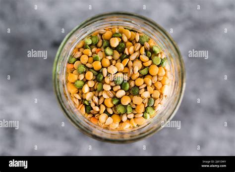 Spice Jar With Lentil And Bean Soup Mix Close Up Shot Of Pantry Ingredients Concept Of Simple