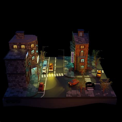 3D Model Cartoon City Night Street Low Poly PBR VR AR Low Poly