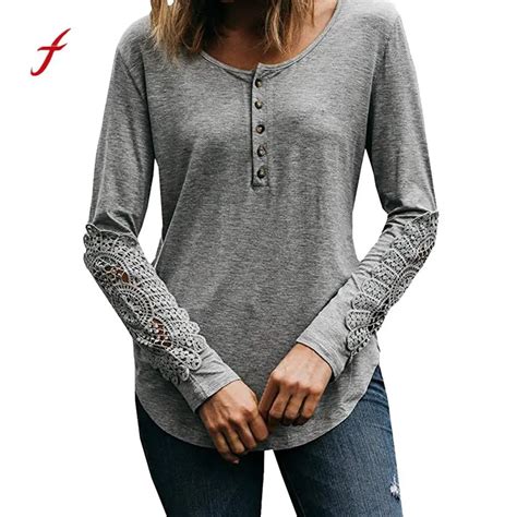 Feitong Fashion Women Blouse Elegant Long Sleeve Shirts Solid Lace