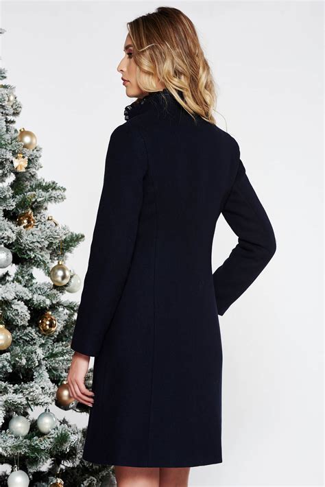 Ladonna Darkblue Elegant Embroidered Wool Coat Arched Cut With Inside Lining With Pockets