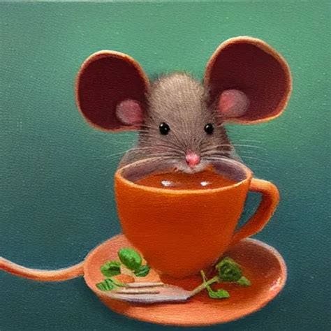 A Mouse Cozied Up For The Evening Sipping Tea Oil Stable Diffusion