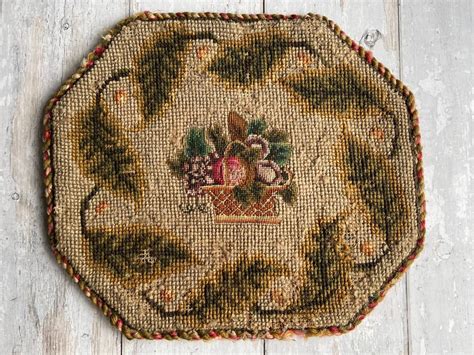 Antique 19th Century Folk Art Needlework Lamp Mat Basket Of Fruit