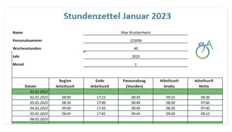 Stundenzettel Excel Vorlage Kostenlos Zum Herunterladen