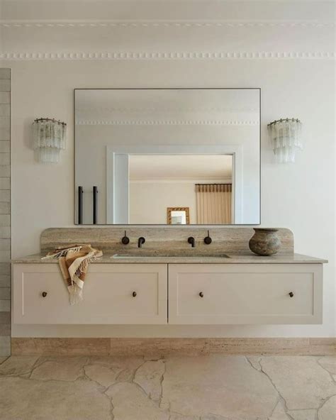 Beige Bathroom Design with Large Mirror and Two Sinks