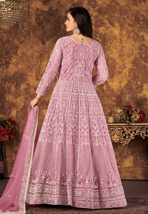 Pink Net Abaya Style Anarkali Suit