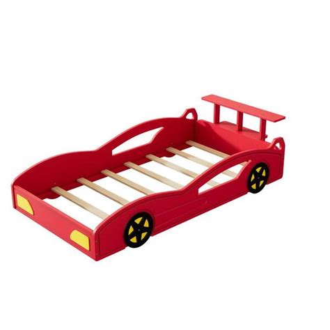 Harper & Bright Designs Red Race Car-Shaped Kids Bed, Platform Bed with Yellow Wheels and ...