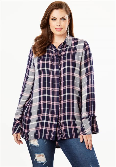 Ruffle Plaid Tunic With Bell Sleeves Plus Sizetunics Fullbeauty