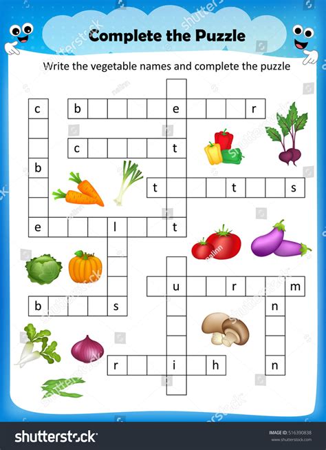 Worksheet Complete Crossword Puzzle Vegetables Worksheet 스톡 벡터 로열티 프리