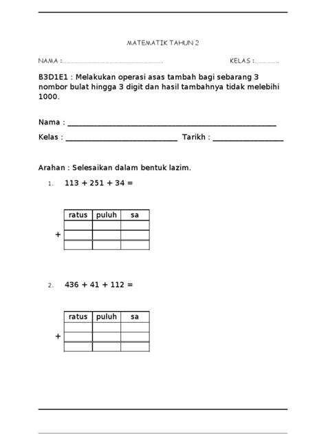 Evidens Pbs Matematik Tahun 2 B3d1e1 Asas Tambah 3 Nombor Pdf