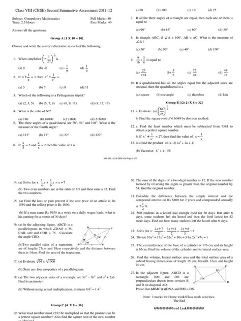 Grade 8 Cbse Math 2nd Term Sample Paper 1 Rectangle Euclidean Geometry