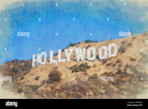 Creative Illustration With Artistic Watercolor Design Hollywood Sign