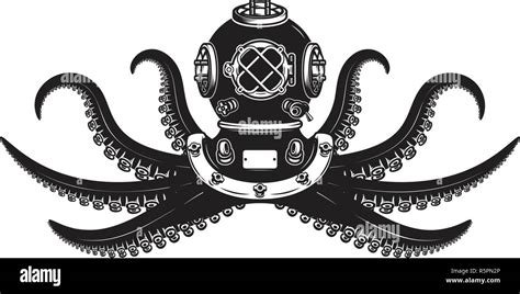 Diver Helmet With Octopus Tentacles Design Element For Poster Card