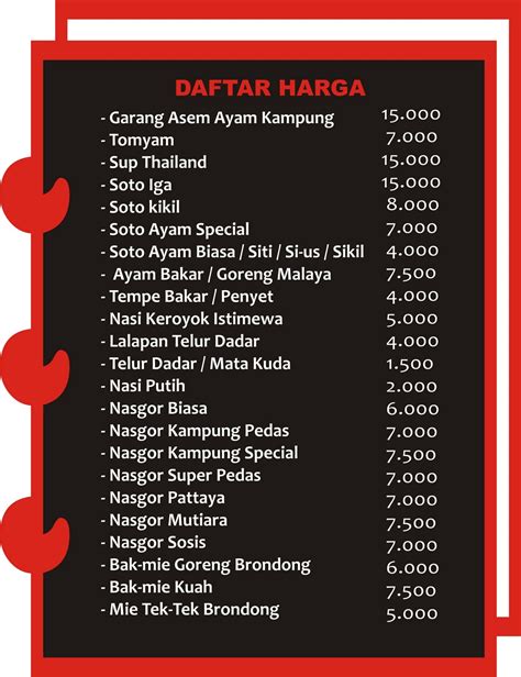 Masakan Panas Daftar Harga Makanan