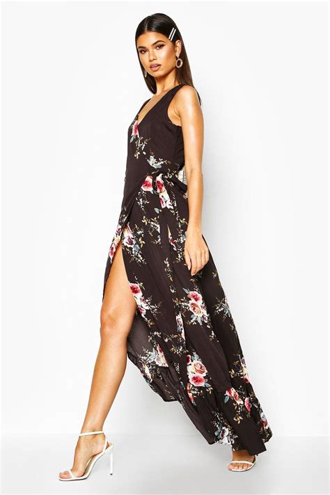 Boohoo Womens Akira Floral Wrap Ruffle Hem Maxi Dress