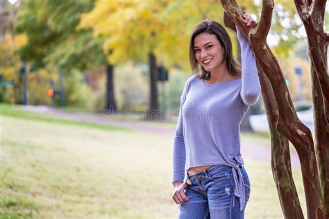 394 Pretty Brunette Model Park Environment Posing Stock Photos Free