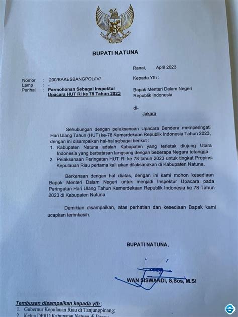 Bupati Natuna Minta Mendagri Menjadi Inspektur Upacara Hut Ri Ke 78 Di