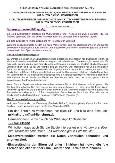 FÜR EINE STUDIE ZUM BILINGUISMUS SUCHEN WIR PROBANDEN Europa