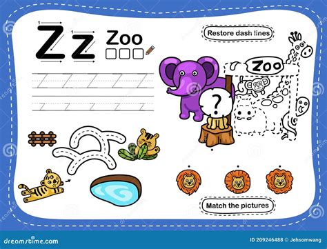 Alphabet Letter Z Zoo Exercise With Cartoon Vocabulary Stock Vector