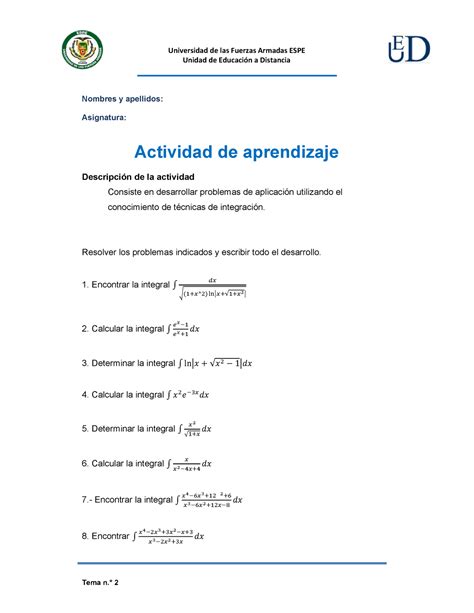 Calculo Integral Actividad 2 UNIVERSIDAD ESPE Universidad De Las