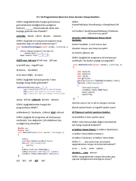 Fillable Online C Ile Programlama Dersi Ara Snav Sorular Cevap