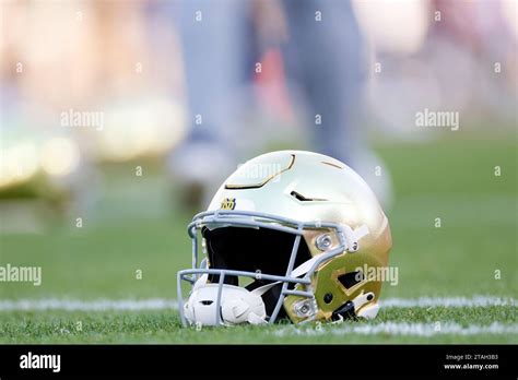 Detail View Of A Notre Dame Fighting Irish Helmet Prior To A College