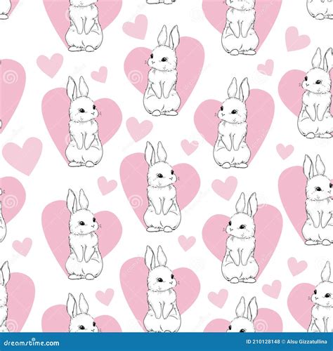 Seamless Pattern Rabbit And Heart Hand Drawn Cute Bunny Pattern Print