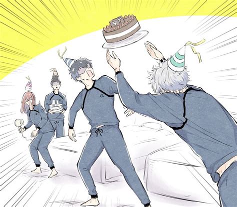 Two Men In Blue Jumpsuits Are Reaching For A Cake On Top Of Another Man