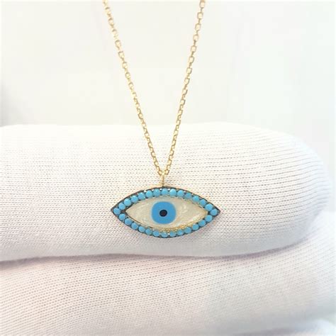 K Real Solid Gold Evil Eye Mother Of Pearl Necklace For Women