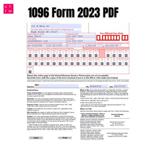 1096 Irs Pdf Fillable Template 20232024 With Print And Clear Buttons